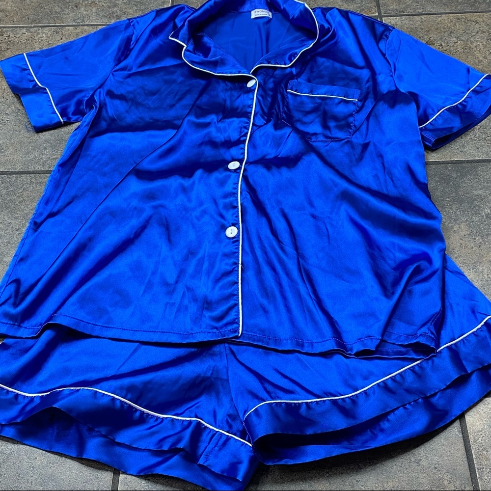 SWOMOG Blue Satin 2Pc Shortie Pajama Set Size Medium